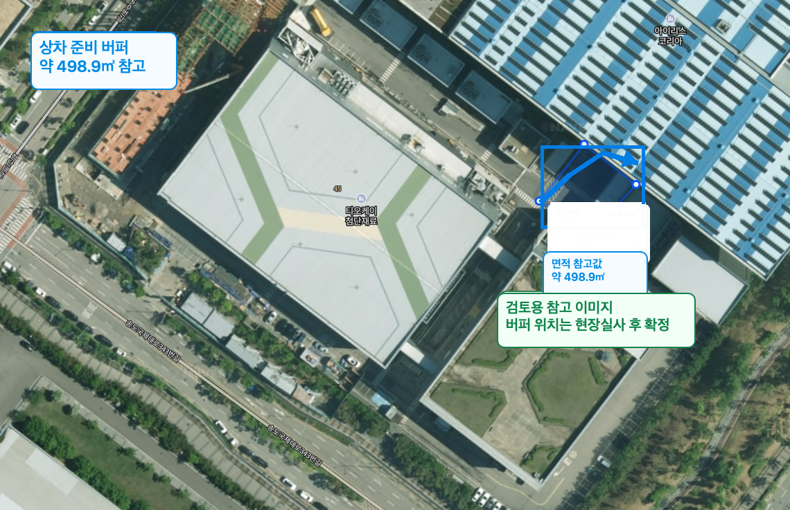 상차구역 약 498.9제곱미터 추정 참고값과 버퍼 후보